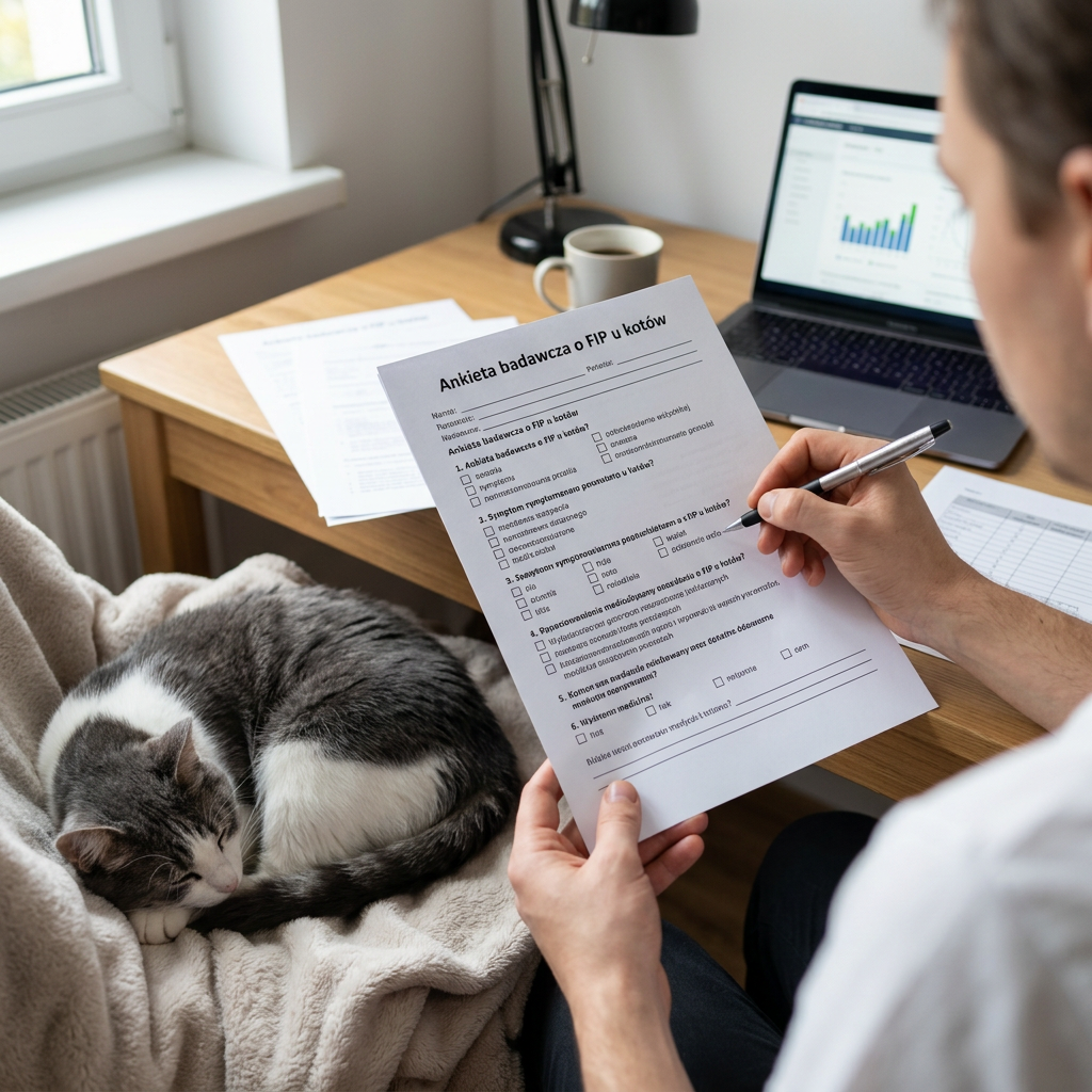 Person holding and filling a Polish cat health survey with a cat sleeping on a blanket beside a desk with a laptop and coffee.